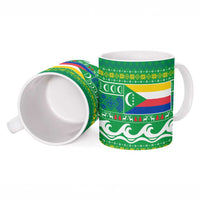 Comoros Christmas Ceramic Mug with Santa Riding Dolphin Ocean Waves Crescent Moon and Tribal Pattern - Wonder Print Shop