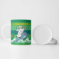 Comoros Christmas Ceramic Mug with Santa Riding Dolphin Ocean Waves Crescent Moon and Tribal Pattern - Wonder Print Shop
