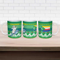 Comoros Christmas Ceramic Mug with Santa Riding Dolphin Ocean Waves Crescent Moon and Tribal Pattern - Wonder Print Shop
