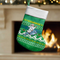 Comoros Christmas Stocking with Santa Riding Dolphin Ocean Waves Crescent Moon and Tribal Pattern - Wonder Print Shop