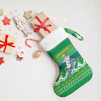 Comoros Christmas Stocking with Santa Riding Dolphin Ocean Waves Crescent Moon and Tribal Pattern - Wonder Print Shop