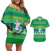 Comoros Christmas Couples Matching Off Shoulder Short Dress and Hawaiian Shirt with Santa Riding Dolphin Ocean Waves Crescent Moon and Tribal Pattern - Wonder Print Shop