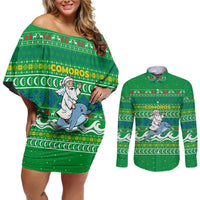 Comoros Christmas Couples Matching Off Shoulder Short Dress and Long Sleeve Button Shirt with Santa Riding Dolphin Ocean Waves Crescent Moon and Tribal Pattern - Wonder Print Shop