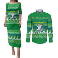 Comoros Christmas Couples Matching Puletasi and Long Sleeve Button Shirt with Santa Riding Dolphin Ocean Waves Crescent Moon and Tribal Pattern - Wonder Print Shop