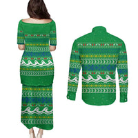 Comoros Christmas Couples Matching Puletasi and Long Sleeve Button Shirt with Santa Riding Dolphin Ocean Waves Crescent Moon and Tribal Pattern - Wonder Print Shop