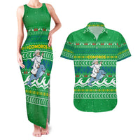 Comoros Christmas Couples Matching Tank Maxi Dress and Hawaiian Shirt with Santa Riding Dolphin Ocean Waves Crescent Moon and Tribal Pattern - Wonder Print Shop