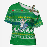 Comoros Christmas Cross Shoulder Shirt with Santa Riding Dolphin Ocean Waves Crescent Moon and Tribal Pattern - Wonder Print Shop