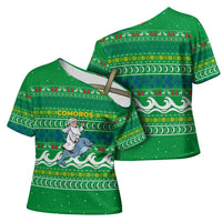 Comoros Christmas Cross Shoulder Shirt with Santa Riding Dolphin Ocean Waves Crescent Moon and Tribal Pattern - Wonder Print Shop