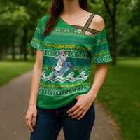 Comoros Christmas Cross Shoulder Shirt with Santa Riding Dolphin Ocean Waves Crescent Moon and Tribal Pattern - Wonder Print Shop