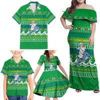 Comoros Christmas Family Matching Off Shoulder Maxi Dress and Hawaiian Shirt with Santa Riding Dolphin Ocean Waves Crescent Moon and Tribal Pattern - Wonder Print Shop