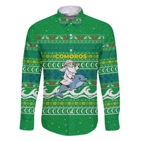 Comoros Christmas Family Matching Off Shoulder Maxi Dress and Hawaiian Shirt with Santa Riding Dolphin Ocean Waves Crescent Moon and Tribal Pattern - Wonder Print Shop