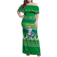 Comoros Christmas Family Matching Off Shoulder Maxi Dress and Hawaiian Shirt with Santa Riding Dolphin Ocean Waves Crescent Moon and Tribal Pattern - Wonder Print Shop