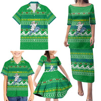 Comoros Christmas Family Matching Puletasi and Hawaiian Shirt with Santa Riding Dolphin Ocean Waves Crescent Moon and Tribal Pattern - Wonder Print Shop