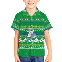 Comoros Christmas Family Matching Short Sleeve Bodycon Dress and Hawaiian Shirt with Santa Riding Dolphin Ocean Waves Crescent Moon and Tribal Pattern - Wonder Print Shop