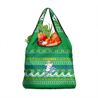 Comoros Christmas Grocery Bag with Santa Riding Dolphin Ocean Waves Crescent Moon and Tribal Pattern - Wonder Print Shop