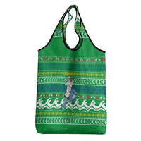 Comoros Christmas Grocery Bag with Santa Riding Dolphin Ocean Waves Crescent Moon and Tribal Pattern - Wonder Print Shop