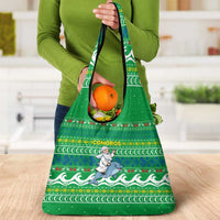 Comoros Christmas Grocery Bag with Santa Riding Dolphin Ocean Waves Crescent Moon and Tribal Pattern - Wonder Print Shop