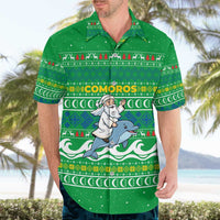 Comoros Christmas Hawaiian Shirt with Santa Riding Dolphin Ocean Waves Crescent Moon and Tribal Pattern - Wonder Print Shop