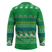 Comoros Christmas Hockey Jersey with Santa Riding Dolphin Ocean Waves Crescent Moon and Tribal Pattern - Wonder Print Shop
