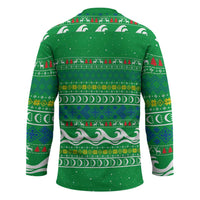 Comoros Christmas Hockey Jersey with Santa Riding Dolphin Ocean Waves Crescent Moon and Tribal Pattern - Wonder Print Shop
