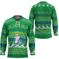 Comoros Christmas Hockey Jersey with Santa Riding Dolphin Ocean Waves Crescent Moon and Tribal Pattern - Wonder Print Shop