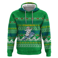 Comoros Christmas Hoodie with Santa Riding Dolphin Ocean Waves Crescent Moon and Tribal Pattern - Wonder Print Shop