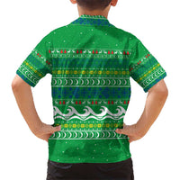 Comoros Christmas Kid Hawaiian Shirt with Santa Riding Dolphin Ocean Waves Crescent Moon and Tribal Pattern - Wonder Print Shop