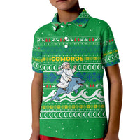 Comoros Christmas Kid Polo Shirt with Santa Riding Dolphin Ocean Waves Crescent Moon and Tribal Pattern - Wonder Print Shop