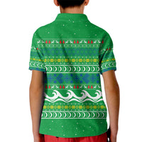 Comoros Christmas Kid Polo Shirt with Santa Riding Dolphin Ocean Waves Crescent Moon and Tribal Pattern - Wonder Print Shop