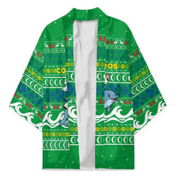 Comoros Christmas Kimono with Santa Riding Dolphin Ocean Waves Crescent Moon and Tribal Pattern - Wonder Print Shop