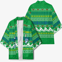 Comoros Christmas Kimono with Santa Riding Dolphin Ocean Waves Crescent Moon and Tribal Pattern - Wonder Print Shop