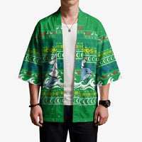Comoros Christmas Kimono with Santa Riding Dolphin Ocean Waves Crescent Moon and Tribal Pattern - Wonder Print Shop