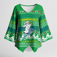 Comoros Christmas Kimono Sleeve Blouse with Santa Riding Dolphin Ocean Waves Crescent Moon and Tribal Pattern - Wonder Print Shop