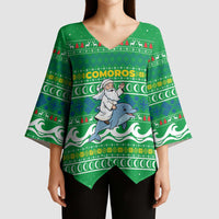 Comoros Christmas Kimono Sleeve Blouse with Santa Riding Dolphin Ocean Waves Crescent Moon and Tribal Pattern - Wonder Print Shop