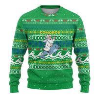 Comoros Christmas Ugly Christmas Sweater with Santa Riding Dolphin Ocean Waves Crescent Moon and Tribal Pattern - Wonder Print Shop
