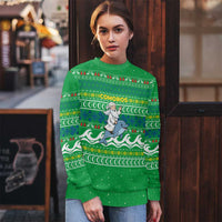 Comoros Christmas Ugly Christmas Sweater with Santa Riding Dolphin Ocean Waves Crescent Moon and Tribal Pattern - Wonder Print Shop