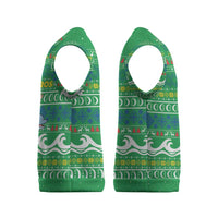 Comoros Christmas Knitted V-Neck Vest with Santa Riding Dolphin Ocean Waves Crescent Moon and Tribal Pattern - Wonder Print Shop
