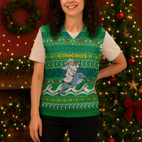 Comoros Christmas Knitted V-Neck Vest with Santa Riding Dolphin Ocean Waves Crescent Moon and Tribal Pattern - Wonder Print Shop