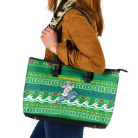 Comoros Christmas Leather Tote Bag with Santa Riding Dolphin Ocean Waves Crescent Moon and Tribal Pattern - Wonder Print Shop