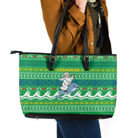 Comoros Christmas Leather Tote Bag with Santa Riding Dolphin Ocean Waves Crescent Moon and Tribal Pattern - Wonder Print Shop