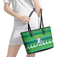 Comoros Christmas Leather Tote Bag with Santa Riding Dolphin Ocean Waves Crescent Moon and Tribal Pattern - Wonder Print Shop