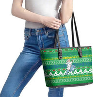 Comoros Christmas Leather Tote Bag with Santa Riding Dolphin Ocean Waves Crescent Moon and Tribal Pattern - Wonder Print Shop