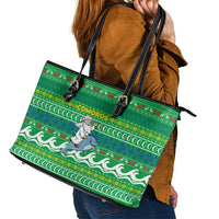 Comoros Christmas Leather Tote Bag with Santa Riding Dolphin Ocean Waves Crescent Moon and Tribal Pattern - Wonder Print Shop