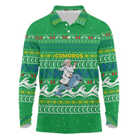Comoros Christmas Long Sleeve Polo Shirt with Santa Riding Dolphin Ocean Waves Crescent Moon and Tribal Pattern - Wonder Print Shop