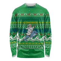 Comoros Christmas Long Sleeve Shirt with Santa Riding Dolphin Ocean Waves Crescent Moon and Tribal Pattern - Wonder Print Shop