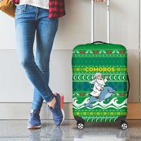 Comoros Christmas Luggage Cover with Santa Riding Dolphin Ocean Waves Crescent Moon and Tribal Pattern - Wonder Print Shop