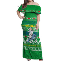 Comoros Christmas Off Shoulder Maxi Dress with Santa Riding Dolphin Ocean Waves Crescent Moon and Tribal Pattern - Wonder Print Shop