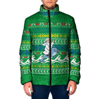 Comoros Christmas Padded Jacket with Santa Riding Dolphin Ocean Waves Crescent Moon and Tribal Pattern - Wonder Print Shop