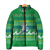 Comoros Christmas Padded Jacket with Santa Riding Dolphin Ocean Waves Crescent Moon and Tribal Pattern - Wonder Print Shop