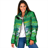 Comoros Christmas Padded Jacket with Santa Riding Dolphin Ocean Waves Crescent Moon and Tribal Pattern - Wonder Print Shop